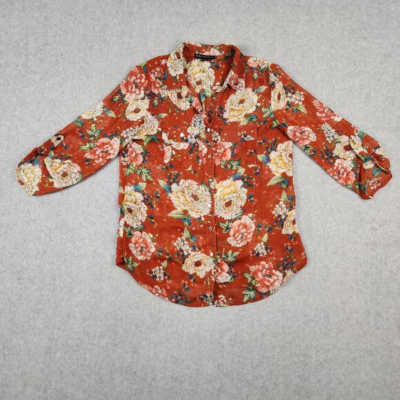 Sara Michelle Blouse Womens Size Small Rust-colored Sheer Floral Button Down - Picture 6 of 12